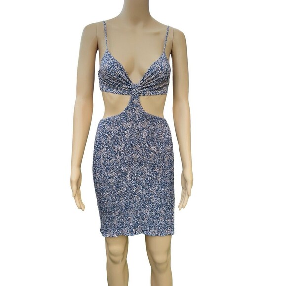 Blush BJ Floral Blue Spaghetti Strap Mini Cut-out Smocked Summer Dress Large - Picture 6 of 14